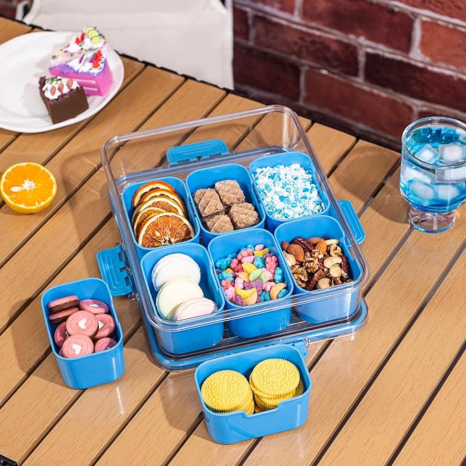 Divided Snack Serving Tray with Lid and Handle Travel Snackle Charcuterie Container Portable Storage Organizer for Candy, Fruits, Nuts, Snacks, Party, Picnic (1pack, Cerulean)