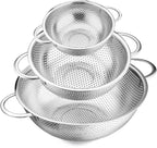 E-far Stainless Steel Colander Set of 3 (1-3-5Quart), Micro-Perforated Metal Colander Strainer with Handle for Kitchen/Draining Pasta/Rinsing Vegetables Fruits, Heavy Duty & Dishwasher Safe