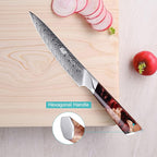 FINDKING Nebula Series Kitchen Utility Knife with ABS Sheath, Versatile Small Petty Knife, 10Cr15CoMov Damascus Blade, Resin and Figured Sycamore Handle, Full Tang, 5 Inch, Red, for Fruit, Steak