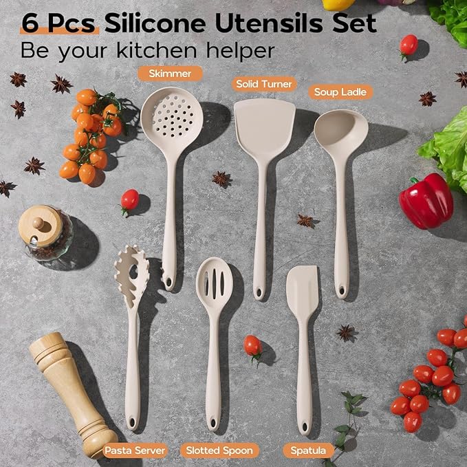 Kitchen Utensils Set, Onader Silicone Non Toxic Cooking Utensils, 6 Pcs Heat Resistant Kitchen Gadgets Set for Nonstick Cookware - Khaki