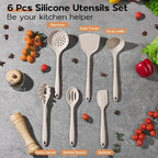 Kitchen Utensils Set, Onader Silicone Non Toxic Cooking Utensils, 6 Pcs Heat Resistant Kitchen Gadgets Set for Nonstick Cookware - Khaki