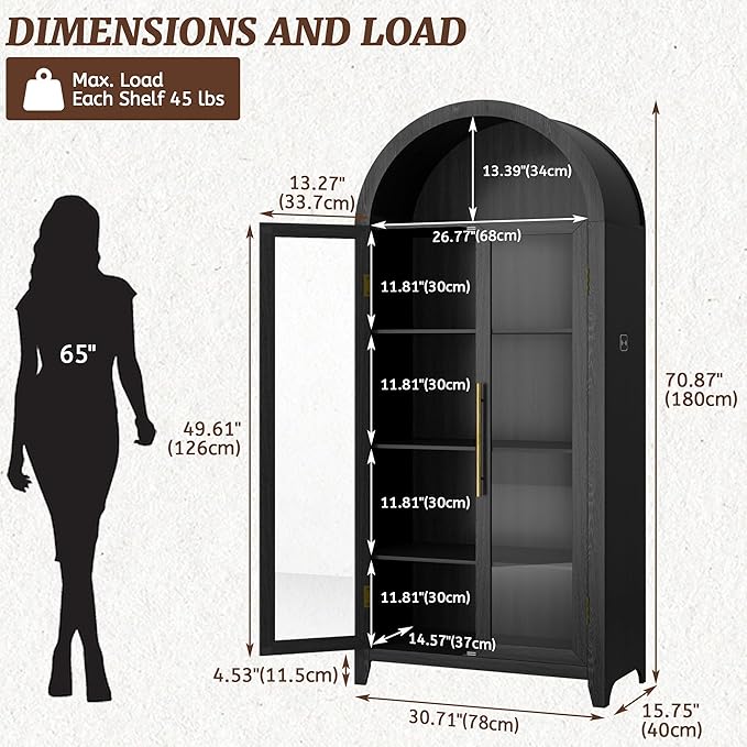 Arch Storage Cabinet with Tempered Glass Door, 71” Arched Display Floor Cabinet, 5 Tier Farmhouse Buffet with Storage for Dining Room, Living Room, Home Office or Kitchen(Black)