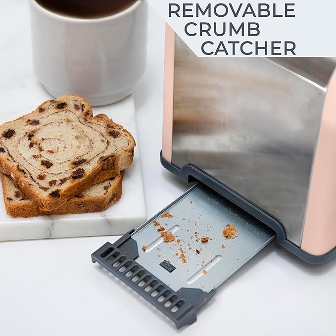 Rae Dunn Toaster, Stainless Steel 2 Slice Square Toaster, Wide Slot with 5 Browning Levels, with Bagel, Defrost and Cancel Options (Blush)