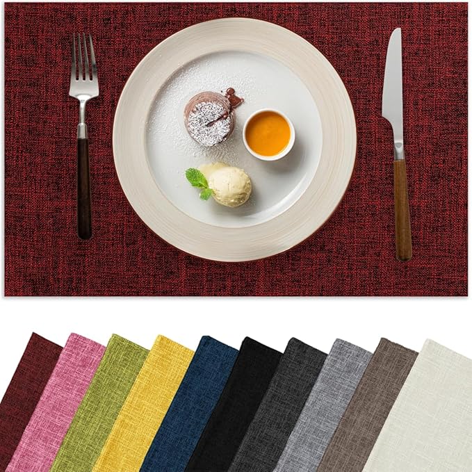 Christmas Placemats Set of 8, Bilayer Thickened Linen Place Mats Heat Resistant Machine Washable Wrinkle Free Carefully Selected Polyester Mats for Kitchen/Dining/Coffee Table (Deep Red)