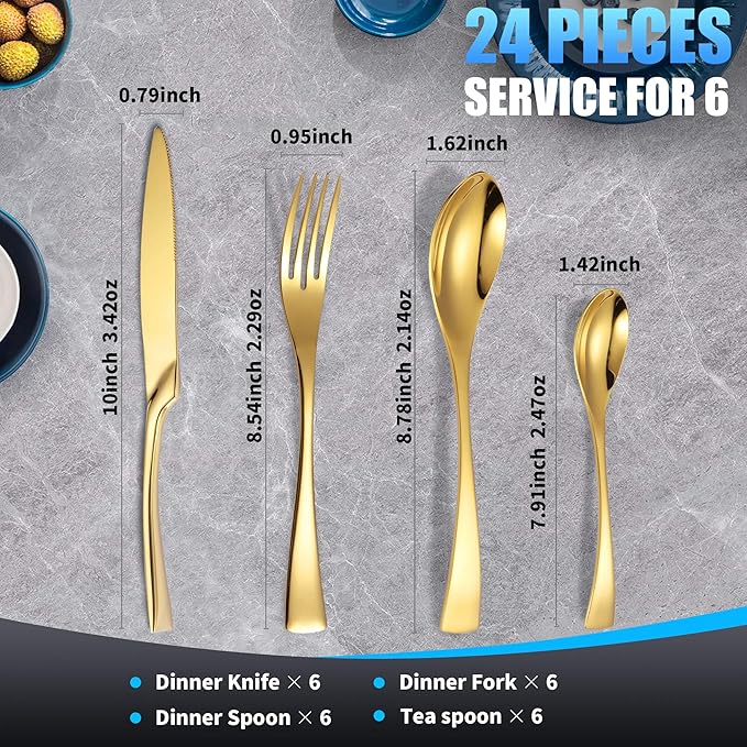 Lemeya 24-Piece Gold Silverware Set for 6,Heavy Duty 18/10 Stainless Steel Cutlery Set with Forged Stand Knife,Modern Flatware Utensils Set,Forks Spoons and Knives Set,Mirror Polished,Dishwasher Safe
