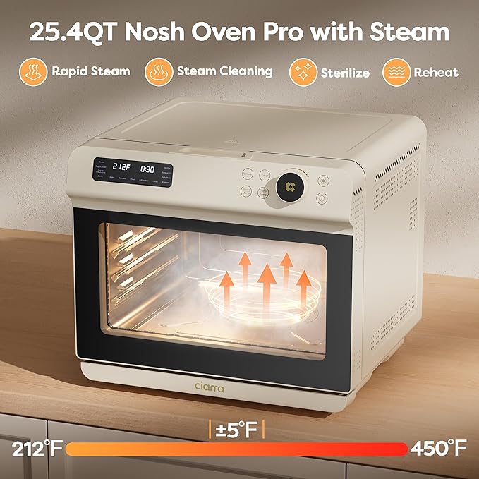 CIARRA Nosh Oven Pro 12-in-1 Countertop Steam Oven with Air Fryer, 25.4QT Steam Air Fryer Oven Combo, Convection Steam Oven Toaster with Rapid Steam, Bake, Steam Self-Clean, Dehydrate, Ferment, White