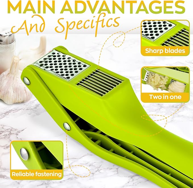 2 in 1 Garlic Slicer and Mincer - Multipurpose Garlic Press and Slicer, Stainless Steel and Durable Plastic, 7.6 x 1.7 x 2.5" Convenient Size, Easy to Use and Clean, Good for Home & Commercial Use