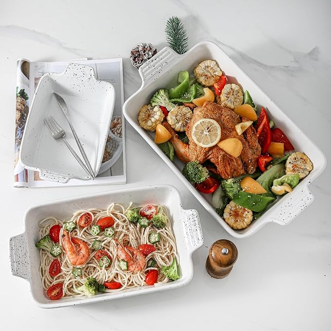KOOV Bakeware Set, Ceramic Baking Dish, Rectangular Lasagna Pans for Cooking, Cake Dinner, Kitchen, 9 x 13 Inches, 3-Piece, Splash Series (Splashed White)