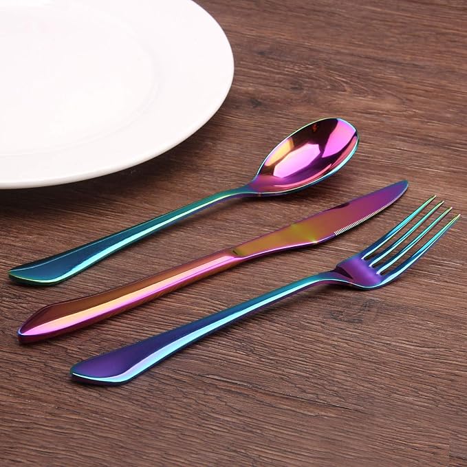 Rainbow Silverware Set, 20-Piece Stainless Steel Flatware Set with Round Edge, Kitchen Utensil Set Service for 4, Dishwasher Safe