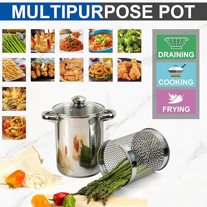 Asparagus Pot Deep Fryer Pot, Stainless Steel Steam Cooker with Basket and Lid Vegetable Asparagus Cooker for Pasta, Spaghetti, Japanese Tempura Small Deep Frying Pot with Oil Drip Drainer Rack, 4 Qt