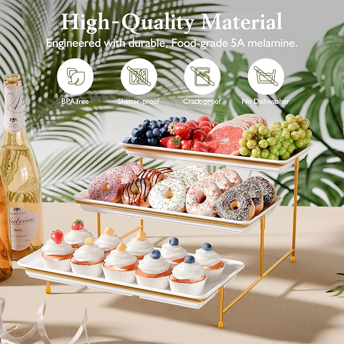 3-Tier Melamine Serving Tray Set, 14"x7" Platters for Serving Food, White Reusable Trays with Golden Metal Display Stand for Cupcakes, Sevring Food, Dessert, Fruit, Cookie, 24K Gold-Plated