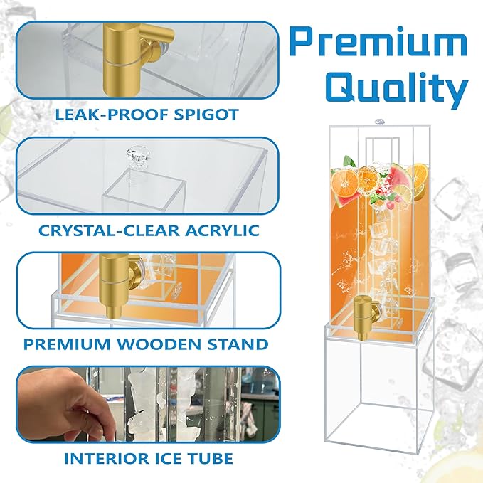 Beverage Dispenser with Stand, 2 Gallon Drink Dispenser, Drink Dispensers for Parties, Individual Ice Container, Acrylic Stand
