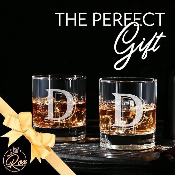 Monogrammed Gifts for Men - 4PC 11 Oz Custom Whiskey Glasses (D-Monogram) - Engraved and Personalized Bourbon Glasses - Unique Glass Gifts for Dad