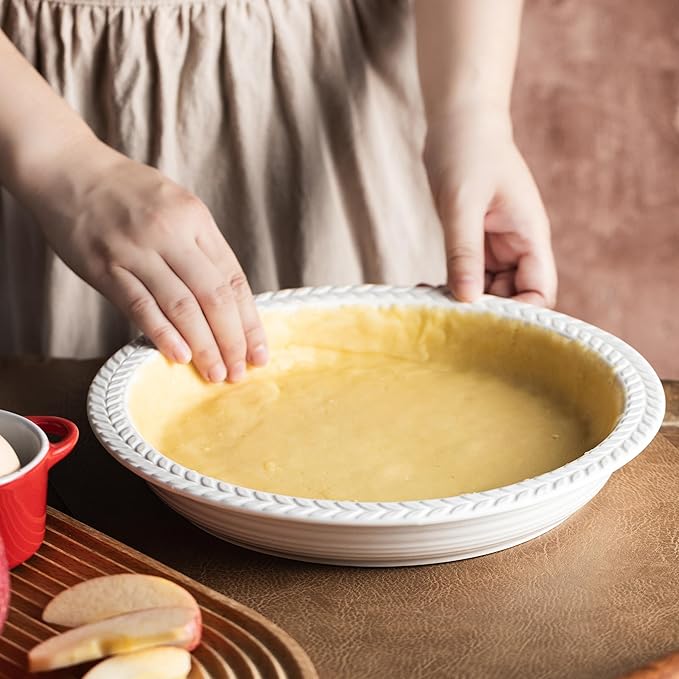 Ceramic Pie Pan Set of 2, 11 inch Round Baking Dish, Porcelain Pie Plate, Non-Stick, Oven & Dishwasher Safe, Non-Stick Pie Dish for Baking