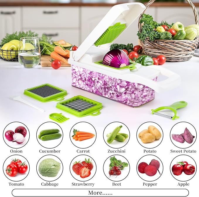 Vegetable Chopper, Pro Onion Chopper, 14 in 1Multifunctional Food Chopper, Kitchen Vegetable Slicer Dicer Cutter,Veggie Chopper With 8 Blades,Carrot and Garlic With Container (Gray) (White)