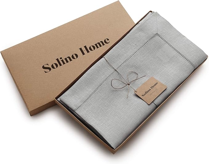 Solino Home Linen Soft Grey Tablecloth 60 x 144 Inch - Classic Hemstitch, 100% Pure Linen Rectangular Tablecloth - Machine Washable Table Cloth for Summer, Fall, Autumn