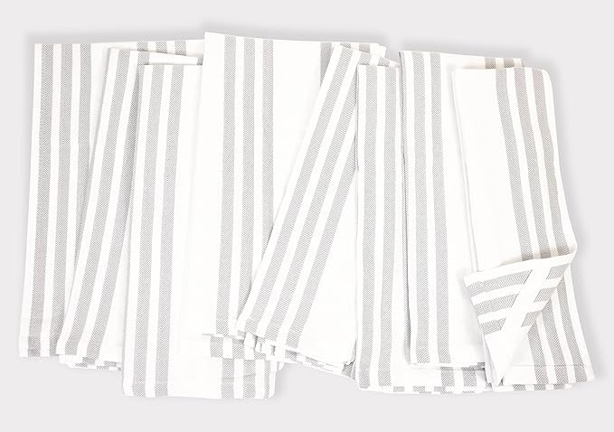 Realm 15" x 25" 100% Cotton Classic Kitchen Dish Towel (12 Pack) | Cuisine Stripe Pebble Grey | Super Absorbent Machine Washable Tea Towels with Hanging Loop