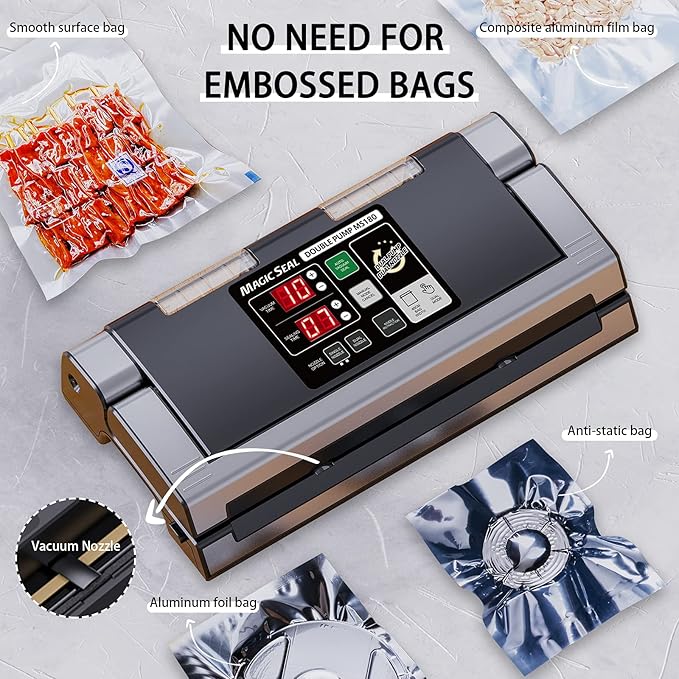 MAGIC SEAL 16-Inch Nozzle Vacuum Sealer for Food Storage - Works with Mylar & Smooth/Non-Textured Bags, No Textured Bags Needed, 250W, 8mm Extra-Wide Seal, 2X Suction Pump - MS180