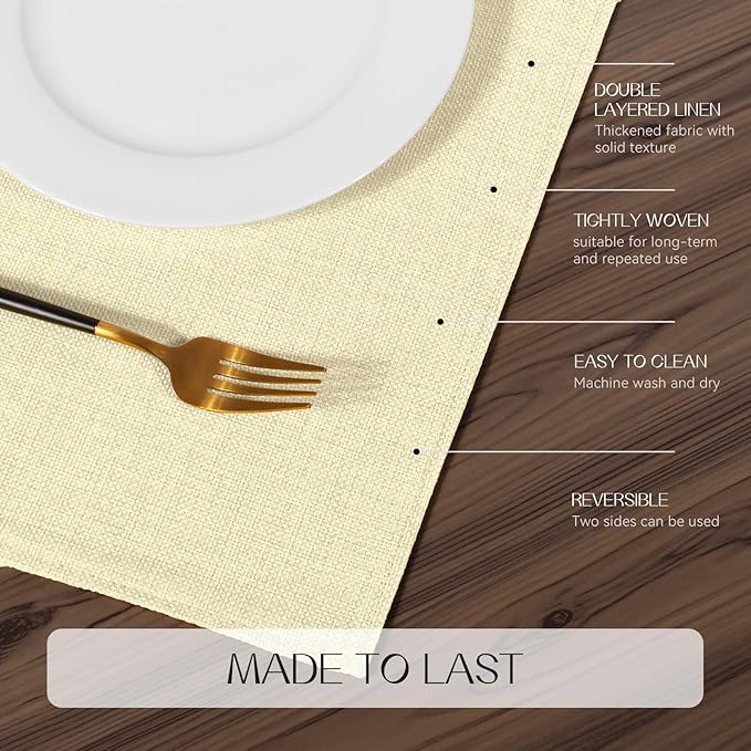 Romanstile Cloth Placemats Set of 6-12 x 18 Inch, Heat Resistant Double Layered Thickened Burlap Place Mats, Washable Linen Farmhouse Table Mats for Kitchen/Dining/Party/Outdoor, Cream
