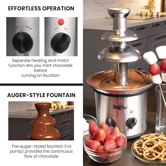 Total Chef 3 Tier Chocolate Fountain - Electric Fondue Machine, 1.5 lbs Capacity, Melts Hot Dark Dipping Chocolate for Party, Wedding & Events, Stainless Steel