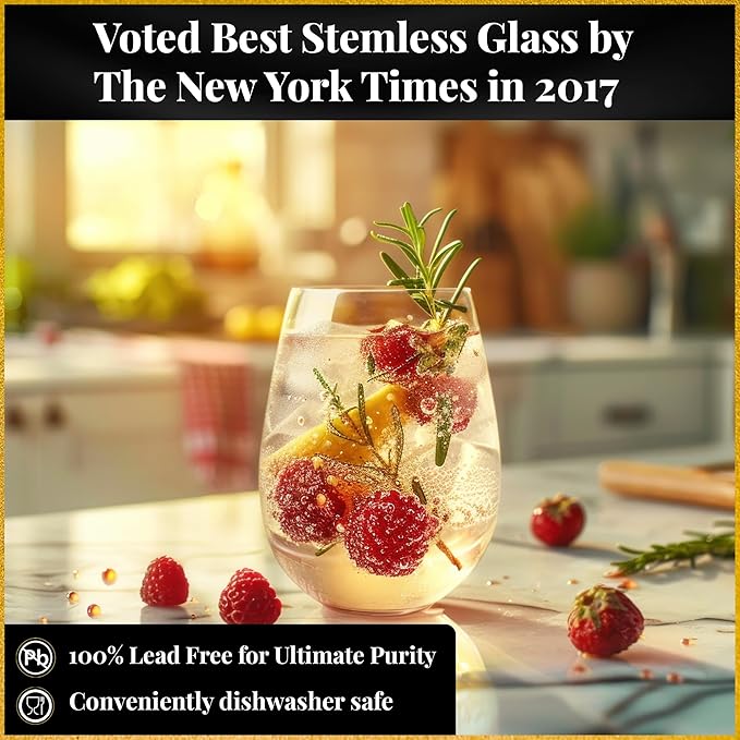 Voted New York Times Best Stemless Glass 2017, Elegant, Thin, European-Made,100% Lead-Free Crystalline Stemless Wine Glasses, Set of 6, 17 Fl Oz, Perfect for Sprits, Cocktails, Water, and Smoothies