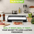 NutriChef Food Vacuum Sealer Machine, Stainless Steel & ABS Body, Automatic Sealing System for Dry and Moist Foods, LED Touch Controls, Includes Bags, Hose & Roll Cutter, 110W Suction Power, 14"x6"