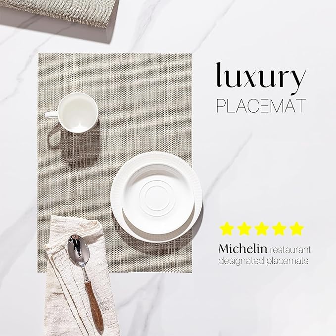 LEXMORE Placemat Set of 4 Vinyl/Plastic Woven Place Mats for Kitchen Table Indoor/Outdoor Washable Placemat Wipeable Dining Table Mats(Caramel)