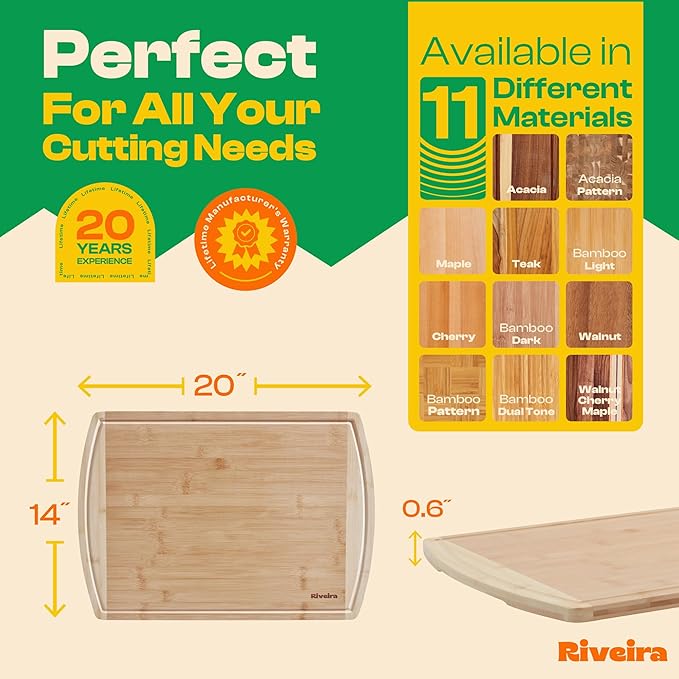 Riveira Two Tone Bamboo Wood Cutting Board – Gourmet Bamboo Grandeur: 20 x 14 Wooden Cutting Board – Wooden Cutting Boards For Kitchen Decorative – Innovative Juice Grooves Wooden Chopping Board