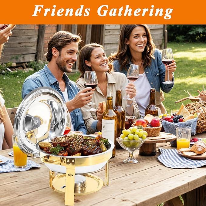 2-Pack Gold Round Chafing Dishes for Buffet, 5QT Stainless Steel Buffet Chafing Set for Catering, Parties & Events