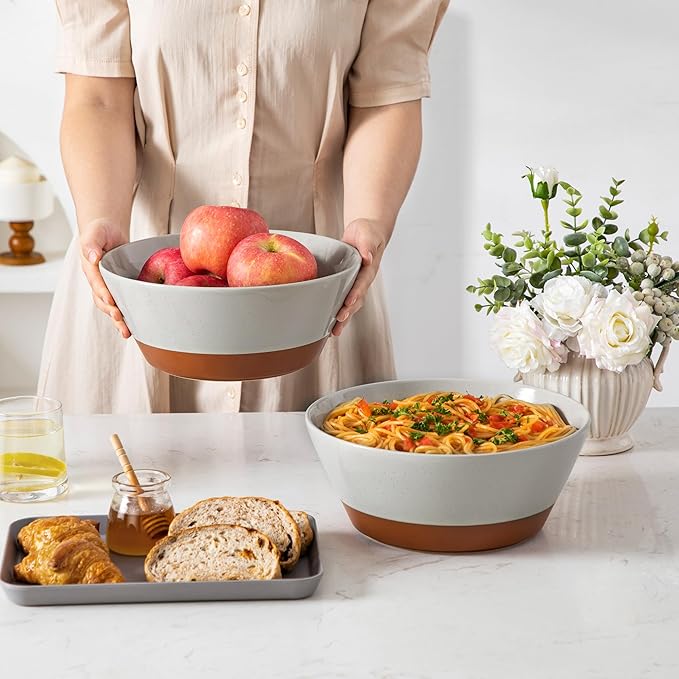 MALACASA Serving Bowls, 105oz Large Salad Bowls for Party, Entertaining, Big Ceramic Bowls for Soup, Fruit and Pho, 2-Pc Wide Bowl Set, Grey & Brown
