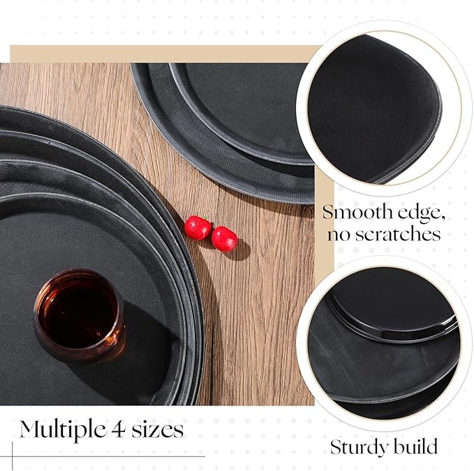 Zopeal 8 Pieces Black Round Restaurant Serving Tray, Plastic Non Slip Surface Food Meals Server Tray with Raised Edges for Home, Kitchen, Restaurant, Cafeteria, Bar (11",14",16",18")