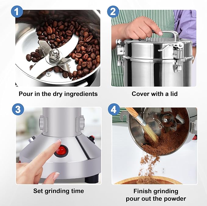 150g Grain Mill Grinder Spice Grinder Flour Mill High Speed Electric Stainless Steel Pulverizer Dry Grinding Machine for Spices Flour Wheat Corn Coffee Herbs