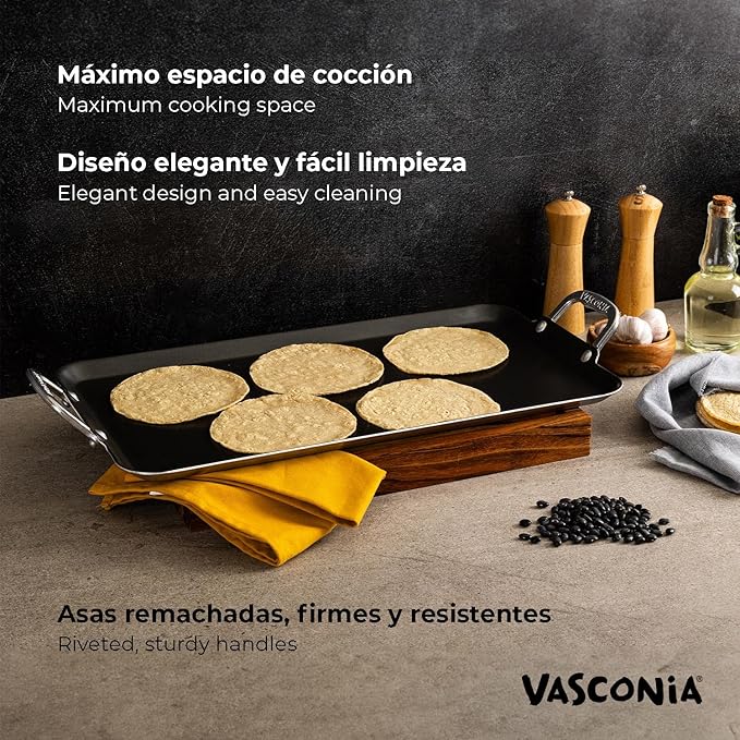 Vasconia Durable Double Burner Griddle (20″ x 11″) 100% Pure Aluminum with Nonstick - NSF Certified - for Frying, Searing, Grilling, Browning, Ideal for Home & Commercial Kitchen - Pack of 1