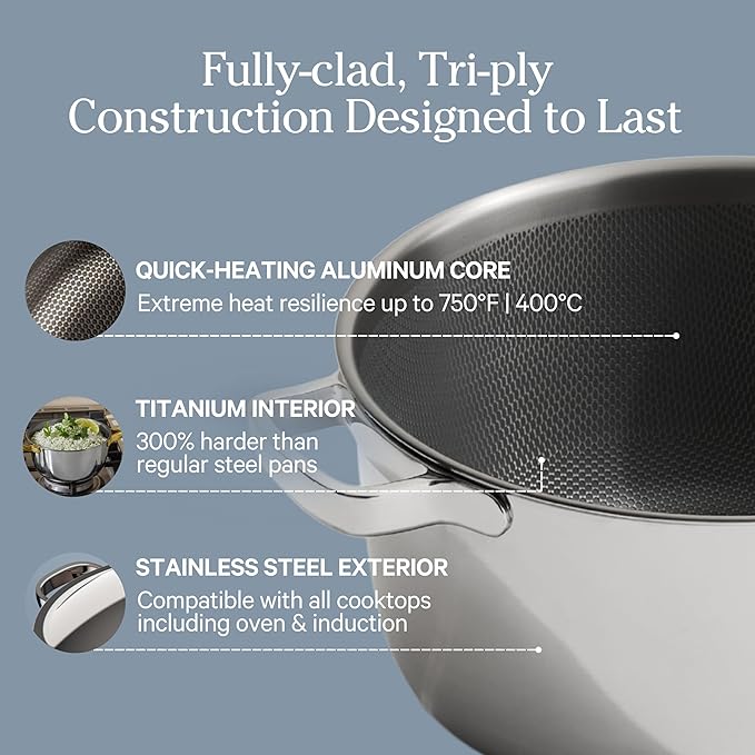 Our Place Titanium Perfect Pot Pro - 6.75 Qt No-Coating Nonstick Stock Pot | Tri-Ply Titanium & Stainless Steel | Oven-Safe up to 750°F & Compatible with All Cooktops | Includes Spoon | Gold