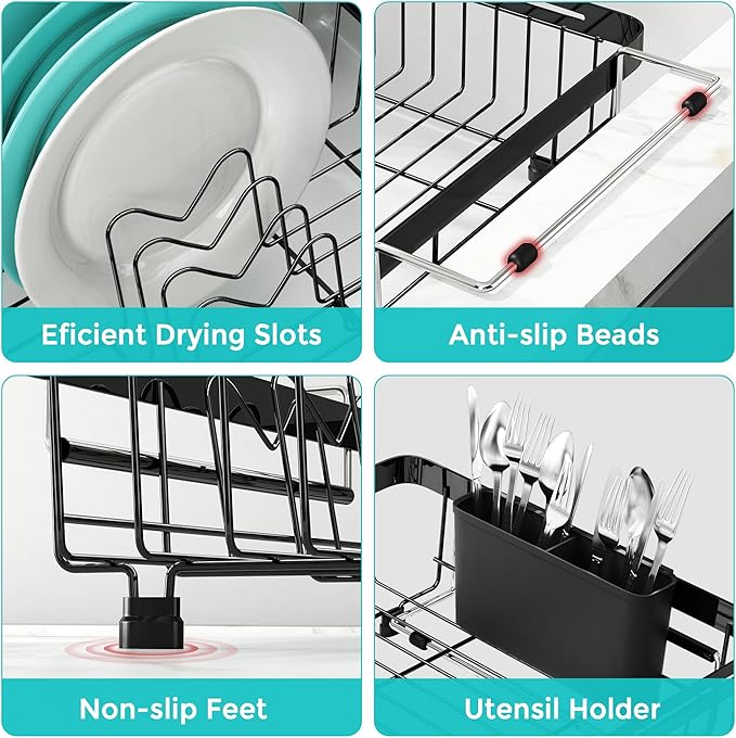 MAJALiS Dish Drying Rack in Sink -Expandable Stainless Steel Over Sink Dish Rack (11.3''-17''), Adjustable Capacity Dish Strainers for Kitchen Sink Counter with Utensil Holder, Black