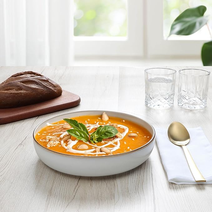 E-far Pasta Bowls Set of 4, 35oz Large Salad Bowls for Serving, Wide and Shallow Ceramic Plates for Kitchen, Double Reactive Glaze, Microwave and Dishwasher Safe, Seashell White