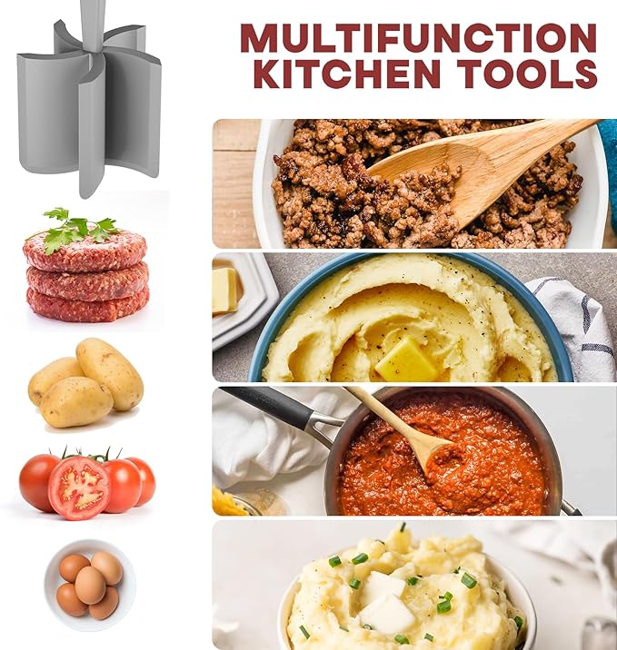 Meat Chopper, Hamburger Grinder, Premium Heat Resistant Smasher for Ground Beef, Burger Grinder Nylon Potato Mix Tool-Grey