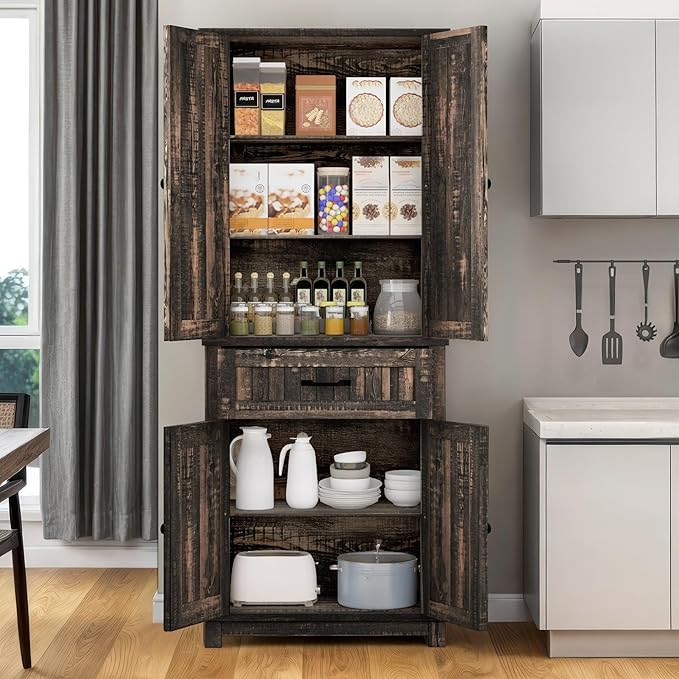 YITAHOME 72.6" H Farmhouse Kitchen Pantry Cabinet, Freestanding Tall Storage Cabinet with 4 Doors, Drawer and Adjustable Shelves, Tall Cupboard for Dining Room, Living Room, Dark Rustic Oak