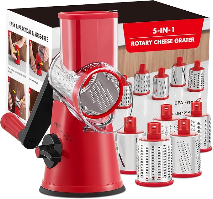 GDL Rotary Cheese Grater, Upgraded 5-in-1 Cheese Grater Hand Crank, Multi-purpose Cheese Shredder with Handle, Vegetable Slicer Cutter Ice Shaver for Potato, Carrot, Nuts, Chocolate
