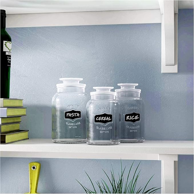 Glass Canister Set for Kitchen or Bathroom with Airtight Lid and Chalkboard Labels, Apothecary Glass Food Storage Jars,Set of 3 Cookie Jars, Candy, Coffee, Cereal & More, Clear Storage Containers!