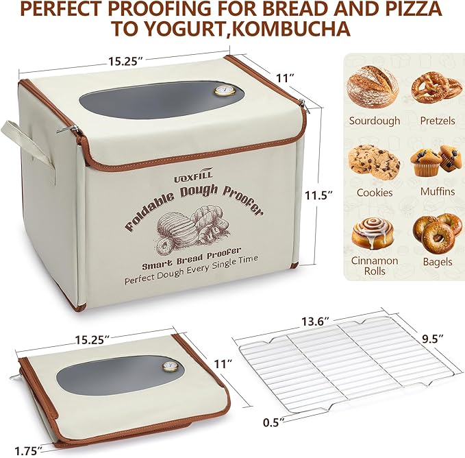 Folding Bread Proofing Box with Temp Control(50-122℉) & 48H Timer, Dough Proofer with Metal Rack, Proofing Box for Sourdough, Bread Baking, Pizza, Yogurt, Kombucha, Space-Saving & Easy to Use