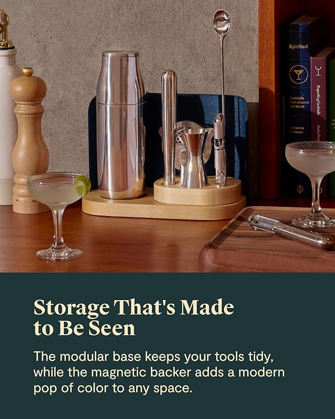 Caraway 9-Piece Complete Bar Set - Cocktail Shaker, Jigger, Muddler, Wine Key, Strainer, Bar Spoon, Storage Organizer, Magnetic Backer - Bartender Accessories - Tools for Home Bartending - Navy