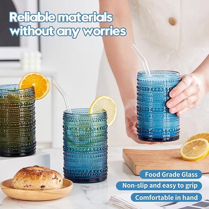 15 oz Blue Hobnail Drinking Glasses with Straws Set of 6, Vintage Glassware Old Fashioned Beverage Glasses, Cocktail Glass Set, Kitchen Water Glasses Cup, for Beer, Smoothie, Juice
