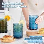 15 oz Blue Hobnail Drinking Glasses with Straws Set of 6, Vintage Glassware Old Fashioned Beverage Glasses, Cocktail Glass Set, Kitchen Water Glasses Cup, for Beer, Smoothie, Juice