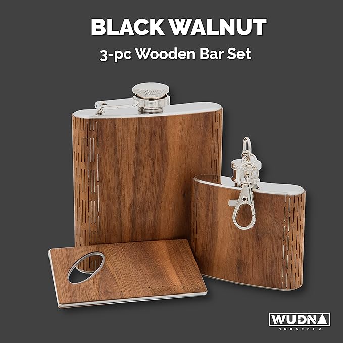 3-Piece Wooden Bar Set - 6 oz Hip Flask, 2 oz Keychain Flask & Credit Card Bottle Opener in Black Walnut