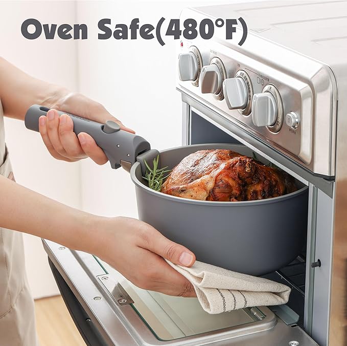 SENSARTE 24 Piece Ceramic Pots and Pans Set, Nonstick Detachable Handle Cookware, Induction Kitchen Cookware Set with Removable Handle, Healthy Non Stick for RV, Dishwasher＆Oven Safe, PFOA Free (Gray)