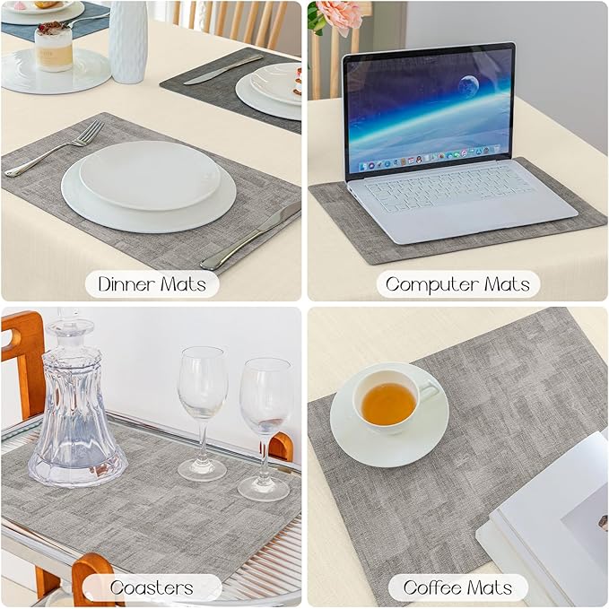 Romanstile Reversible Vinyl Placemats Set of 6, Faux Leather 100% Waterproof Oil-proof Wipeable Place Mats, Heat Resistant Dual Sided Table Mats for Kitchen/Dining/Party (Grey Light Grey, 12 x 17 Inch
