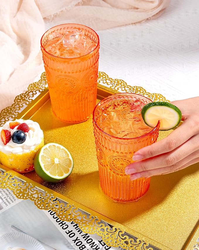 Ciaell 12 Pack Romantic Plastic Water Glasses - 14 Oz Amber Vintage Drinking Glasses, Embossed Ribbed Plastic Cups, Textured Striped Set for Juice, Beverages, Beer, Cocktai & Thanksgiving