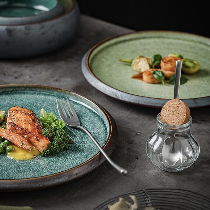 Uaral Dinner Plates,10.5inch Ceramic Plates Salad Plates Two-Tone Color Glaze Kitchen Serving Dishes,Set of 2(Texture Black and Green)