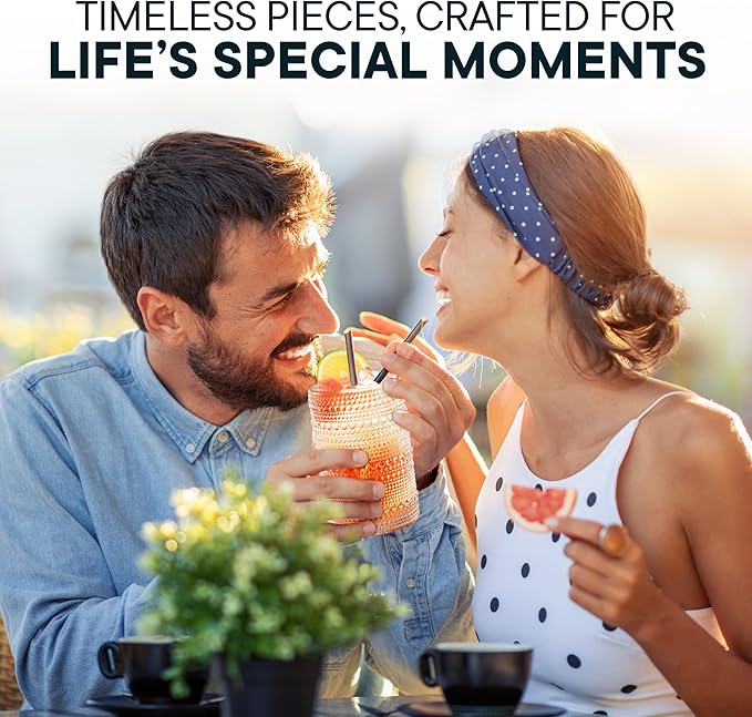 15 OZ Hobnail Drinking Set of 12 – Vintage Embossed Glassware, Textured Tumblers for Water, Beer, Cocktails, Mocktails, Whiskey & More – Includes Straws and Coasters – Clear